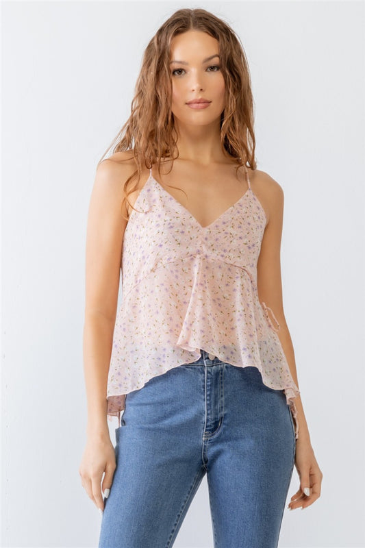 Floral Print V-Neck Criss-Cross Back Flare Cami Top