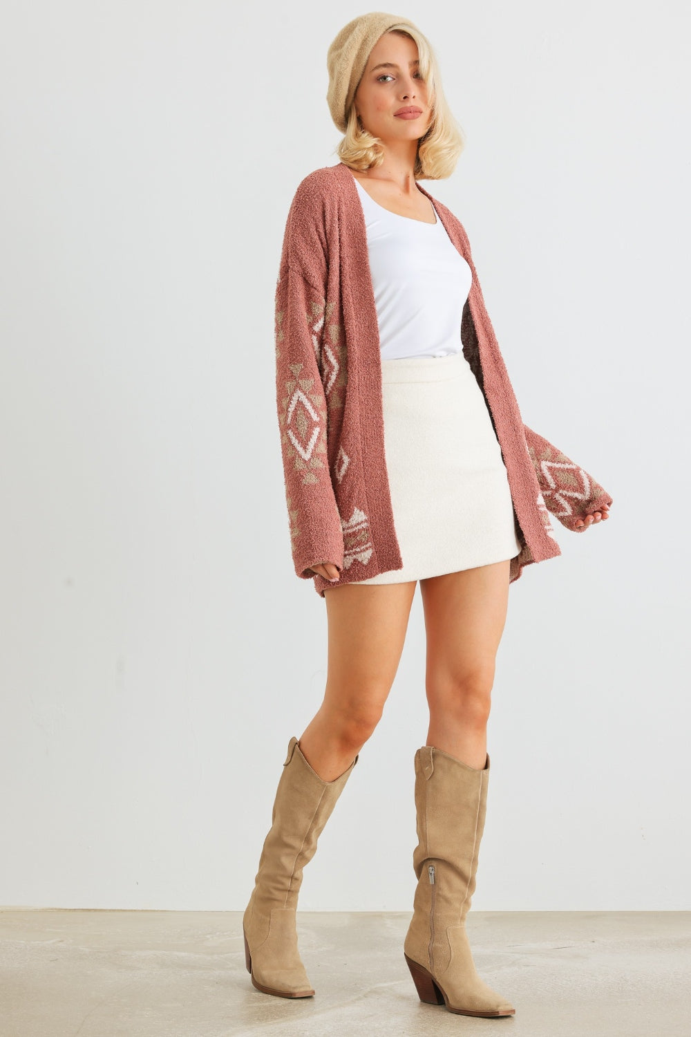 Pattern Open Front Long Sleeve Cardigan