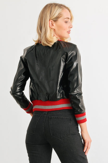 Comme PU Leather Baseball Collar Long Sleeve Jacket