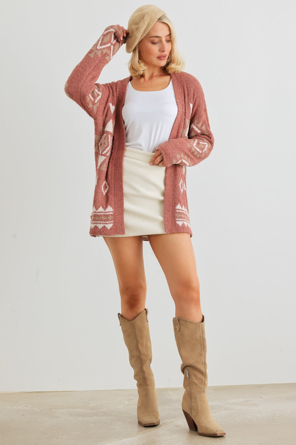 Pattern Open Front Long Sleeve Cardigan