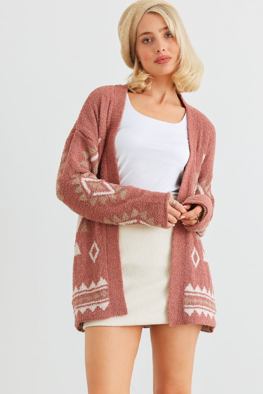 Pattern Open Front Long Sleeve Cardigan