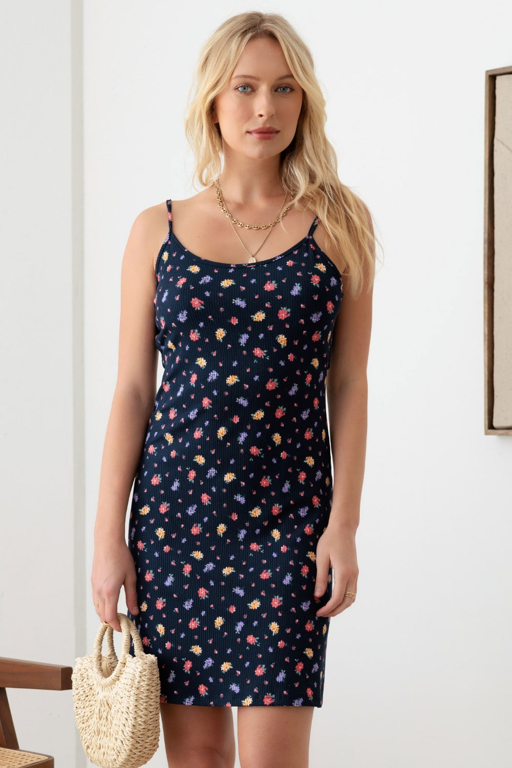 Floral Ribbed Tie-Back Cami Mini Dress